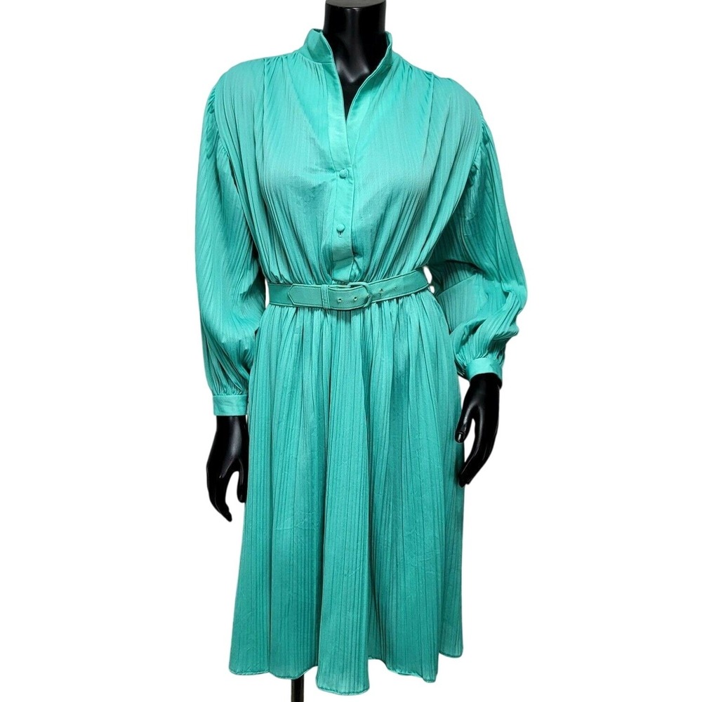 Vintage Willi of California Turquoise Pleated Midi Dress Belted 80s Secretary